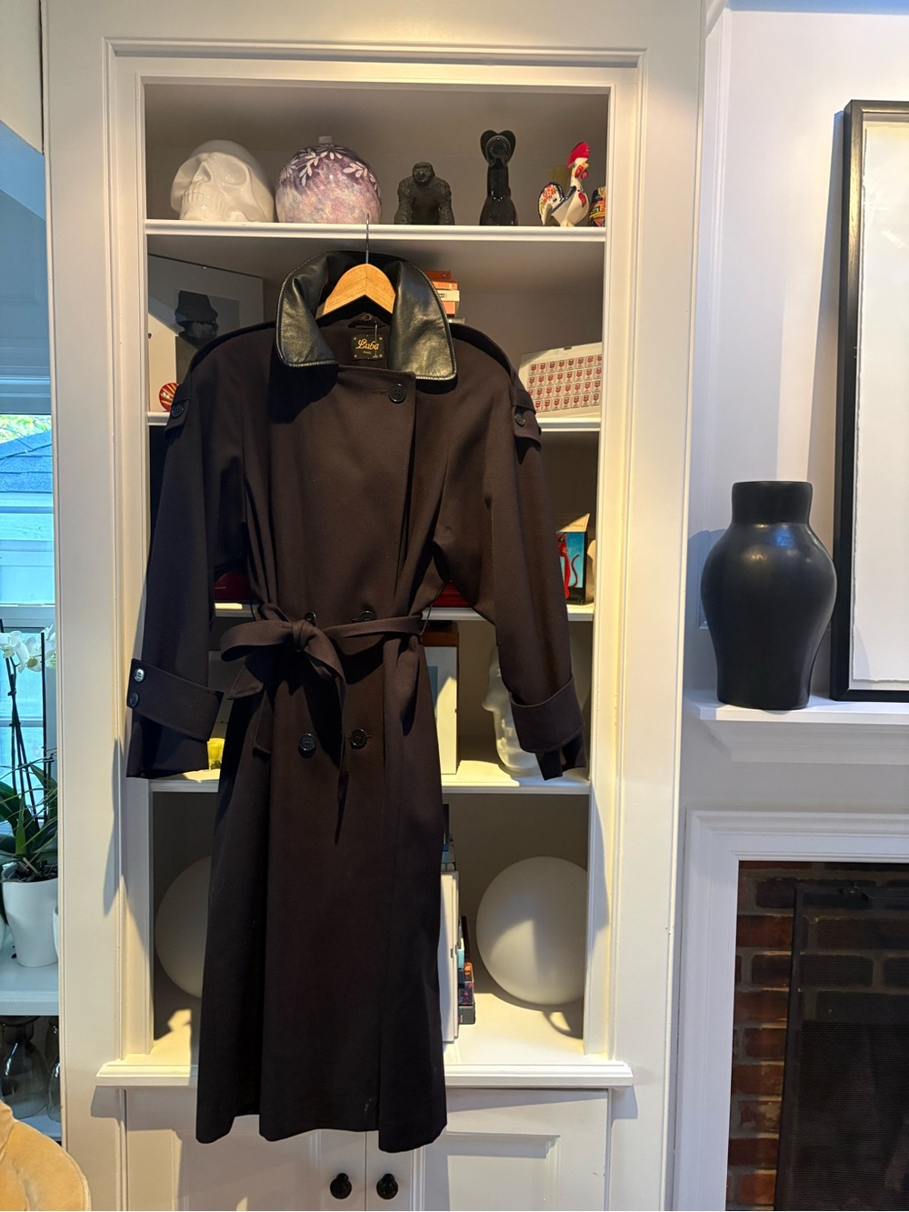 Women's Black Trench Coat with Leather Collar